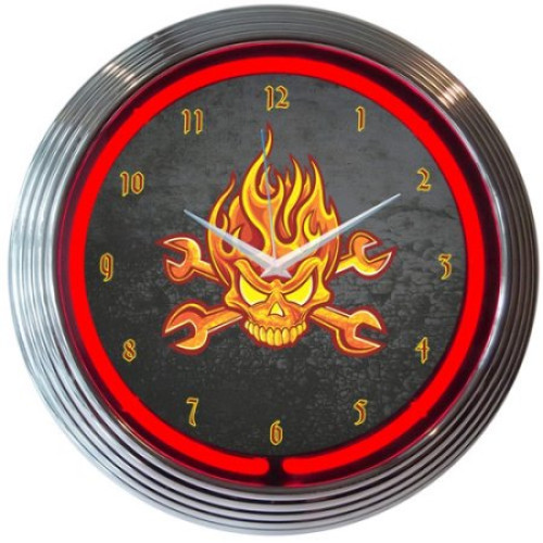 Mechanic fire skull and wrenches neon clock