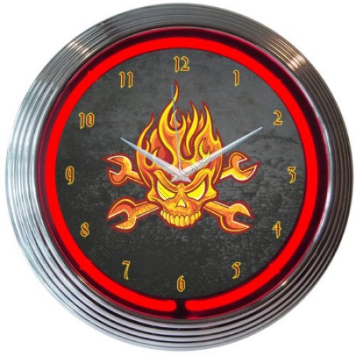 Mechanic fire skull and wrenches neon clock-WL-NCS050