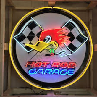 Hot Rod Garage neon sign in steel can