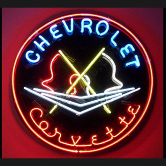 Chevrolet Corvette C1 Flags and Blue Ring Neon Auto Sign