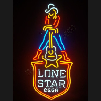 LONE STAR BEER Cowgirl Guitar Neon Sign