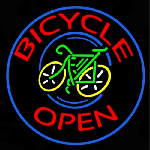 Blue Round Bicycle Open Neon Sign