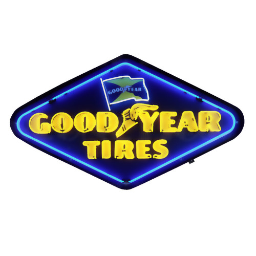 GOODYEAR TIRES DIAMOND NEON SIGN IN SHAPED STEEL CAN